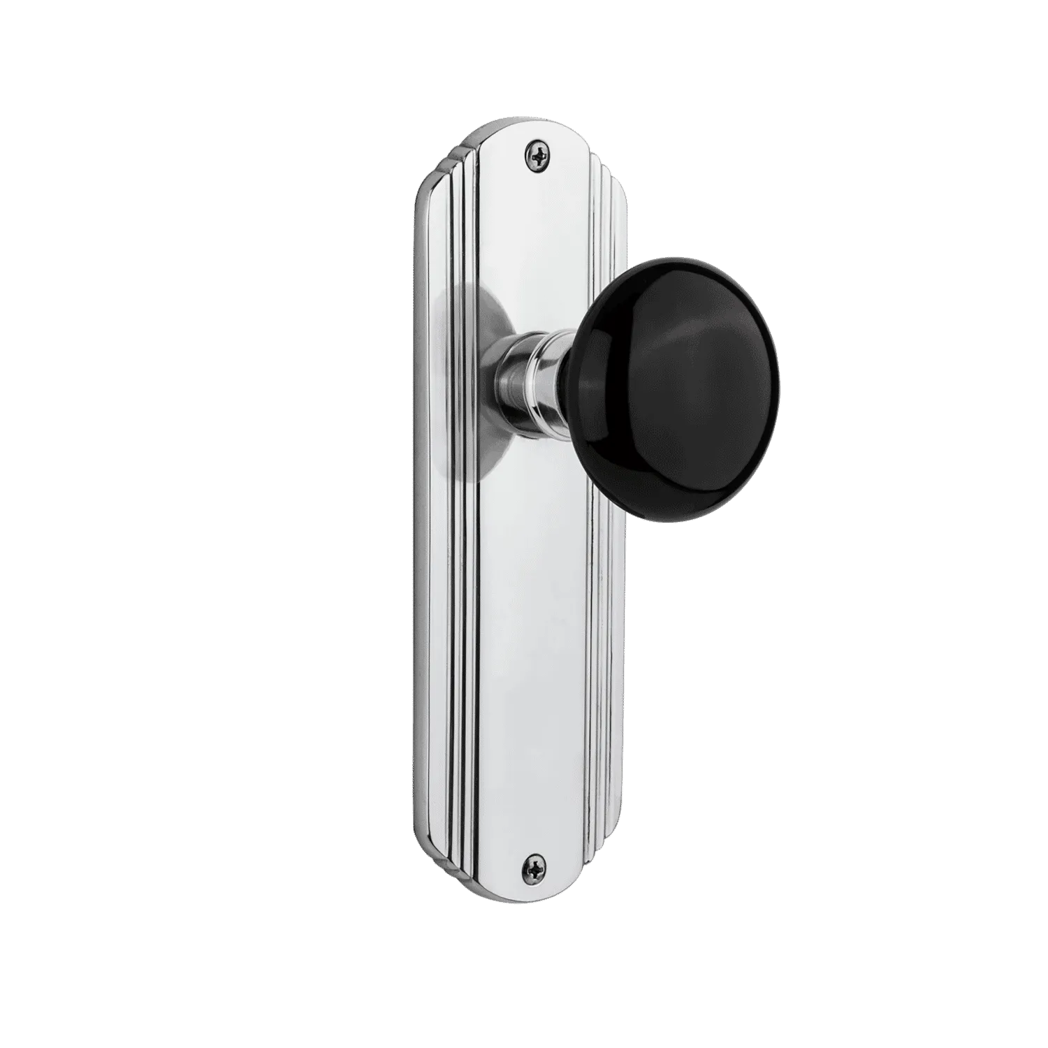 Deco Long Plate with Black Porcelain Knob in Bright Chrome